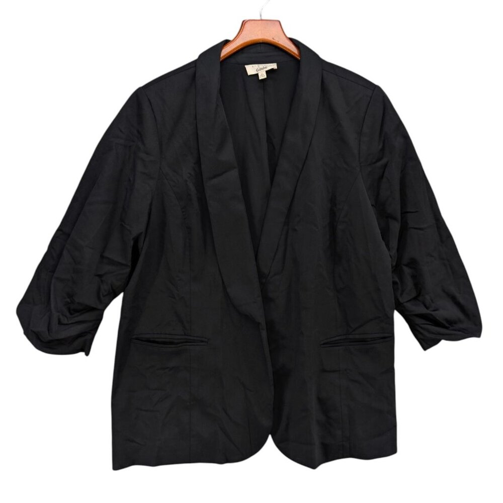 Eloquii Ruched 3/4 Sleeve Blazer Womens Black Open Front Shawl Collar Size 22